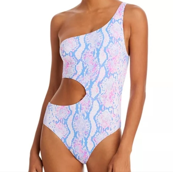 AQUA Swim Snake Print One Shoulder Cutout One Piece Swimsuit XSMALL